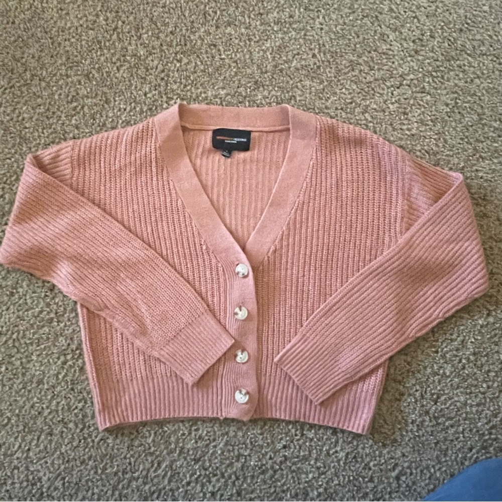 AMBIANCE APPAREL Salmon Pink Colored Cardigan V-Neck White Buttons Size L
